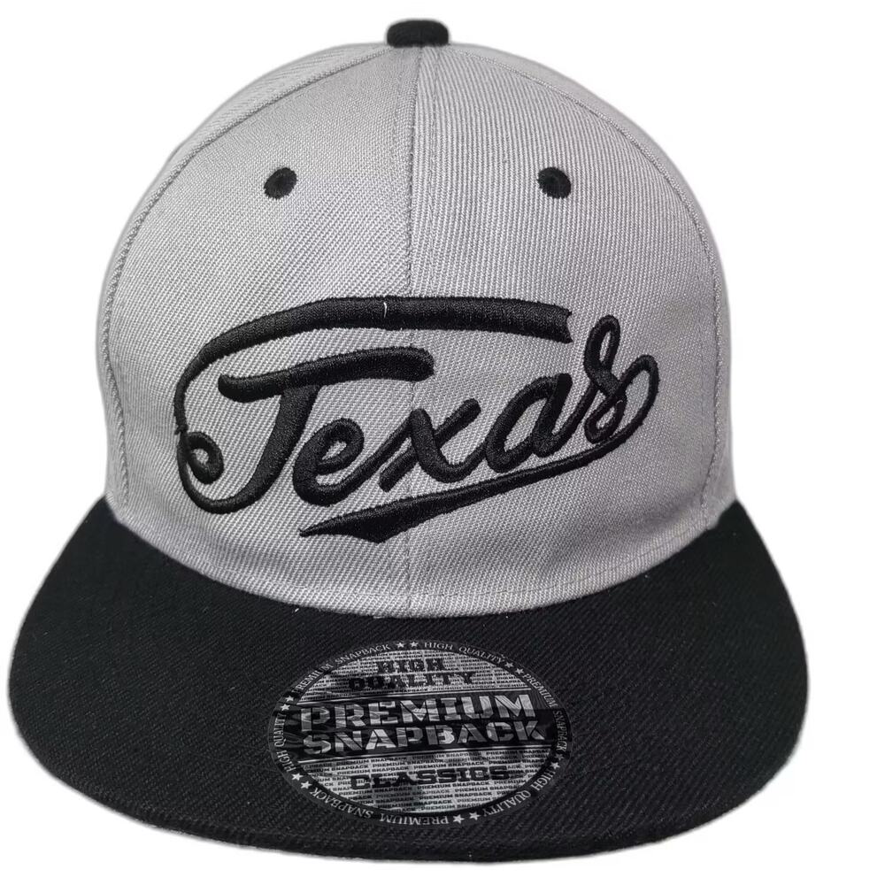 MAX HeadGear Snapback Hat Gray Black One Size Texas Embroidered Script Logo Brim